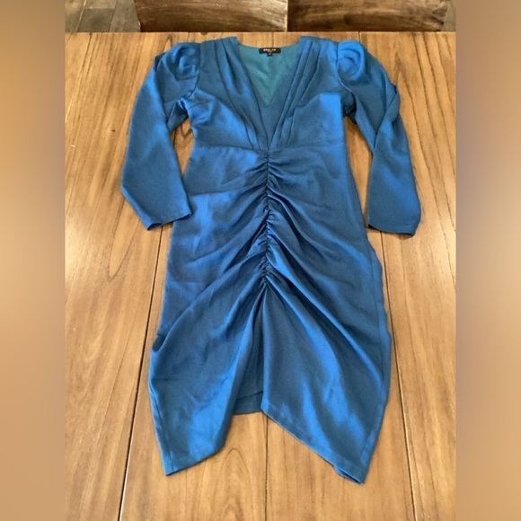 Beulah blue Ruched v Neck 3/4 Sleeve bodycon knee mini cocktail Dress s - Picture 6 of 10